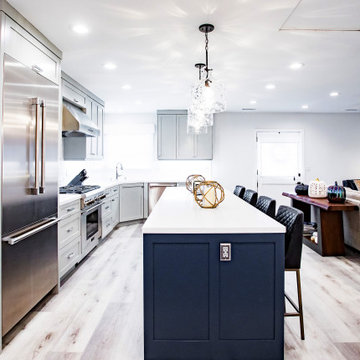Custom Transitional Gray and Navy Blue Kitchen Cabinetry and Island