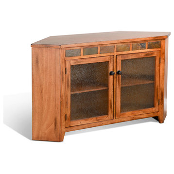 55" Wide Rustic Oak Wood Corner TV Stand Media Console With Glass Doors