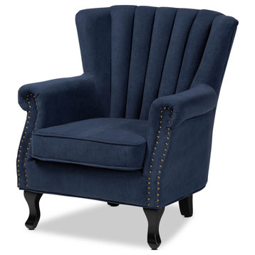 Classic Traditional Navy Blue Velvet Fabric Upholstered Dark Brown Wood Armchair
