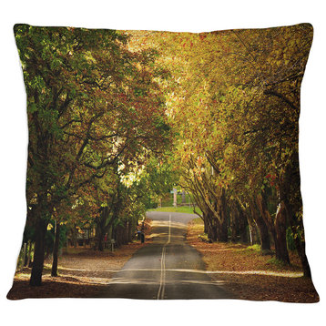 Road through Beautiful Green Trees Landscape Printed Throw Pillow, 16"x16"