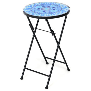Costway Folding Mosaic Side Table Accent Table Bistro End Table Light Blue