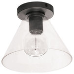 Dainolite - 9" Flush Mount Ceiling Light Roswell Integrated LED, Matte Black - 9" Matte Black Roswell Flush Mount Fixture with Clear Glass. This single light LED compatible is recommended for the ceiling in a Foyer or Hall. It requires 1 incandescent bulb, is covered by a 1 Year Warranty and is suitable for either a residental or commercial space.