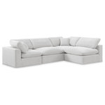Meridian Furniture - Comfy Upholstered L-Shaped Modular Sectional, Cream, 4-Piece: 2 Armless Chair, 2 Corner Chair, Velvet - Give your space a whole new look with this cream Comfy velvet sectional. This handsome sectional fits nicely with other items in the Comfy collection and is a versatile seating option designed for adaptability, comfort and style. Wrapped in rich cream durable velvet upholstery, this sectional offers a plush embrace of overstuffed down feather cushions, carefully crafted to deliver the highest level of comfort. The perfect seat for creating an oasis for relaxation, this sectional has thick foam surrounding its frame for added support and coziness.