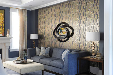 Example of a large trendy formal and enclosed dark wood floor living room design in Vancouver with a standard fireplace, a stone fireplace, no tv and multicolored walls