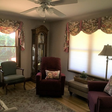 Gathered Swags with Contrast Tabs over Cellular Shades, Custom Throw Pillows