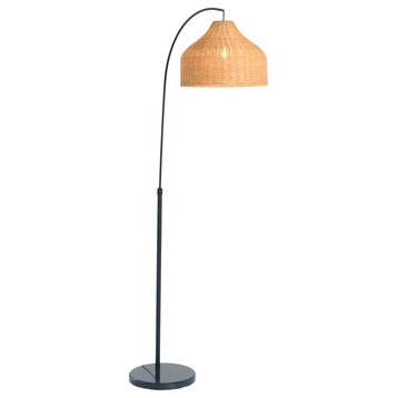 Modern Boho Floor Lamp With Marble Base and Rattan Shade, Black and Natural