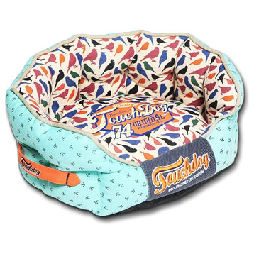 Chirpin-Avery Rounded Designer Dog Bed, Light Blue And Bird Pattern, Large
