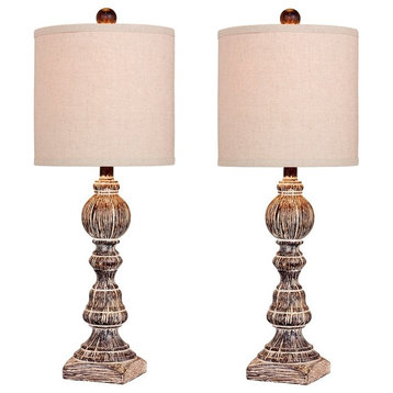 26" Distressed Balustrade Resin Table Lamps, Cottage Antique Brown, Set of 2