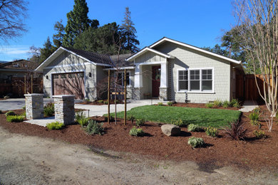 Large traditional beige one-story mixed siding exterior home idea in San Francisco with a shingle roof