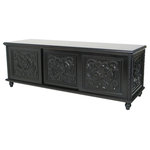 Wayborn - Mercer TV Console - Create instant "wow" factor and stylishly outfit your living space with the addition of our Mercer TV Console. This 3-door media table features exciting hand-carved detailing with plenty of storage space available and is a timeless and classic piece to have in your home for years to come. The worn black finish and functional sliding doors ensures this piece will be suitable for any traditional styled home. Made from pine wood and measuring 62 inches long, 20 inches deep and 22 inches tall, the Mercer boasts enough surface area on its top to host a large plasma or LCD TV as well as an exciting mix of your most coveted home decor. Store media devices and your extensive DVD collection in the storage space inside.