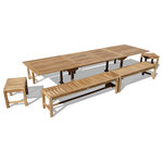 Windsor Teak Furniture - Grade A Teak 138" x 39" (11 1/2 Feet Long) Ext Table /6 Benches.Seats 16 Adults - The Buckingham Rectangular 138 x 39" Double Leaf Extension Table w/6 Backless Benches ( two each of 72", 60", & 18" benches). Made with solid Grade A Teak will surely become a family heirloom. It's 86" long closed ,112" long with one leaf open, and 138" with both leafs opened....giving you 3 size tables! (we have a picture of this table closed with just 4 benches... seats 10 closed) Seats 16 adults when fully opened. The unique built-in double butterfly pop-up leaf enables you to open or close your table in 15 seconds. Comes with stainless steel hardware and cap covered umbrella hole. The Oxford Backless Benches have a contoured seat and are very comfortable. Some Assembly, Shipped Via Truck.