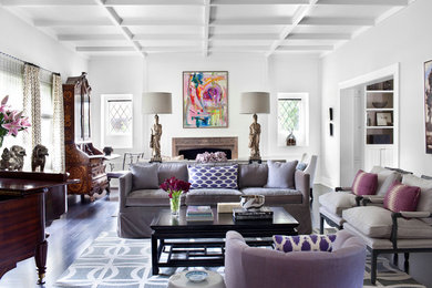 Inspiration for an expansive transitional living room in Los Angeles with a music area and dark hardwood floors.