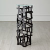 Metal Strips Open Modern Pedestal Table Square Tempered Glass Top Abstract, Blackened Iron