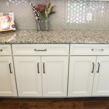 Cream Kitchen with Green Island with Butcher Block Countertop