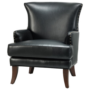 Classic Wooden Upholstered Leather Armchair, Black