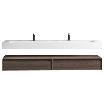 Alysa 84'' Floating Vanity, Acrylic Sink, Double Faucet Hole, Red Oak