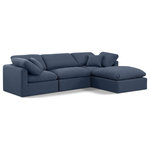 Meridian Furniture - Indulge Upholstered Modular L-Shaped Sectional, Navy, 4-Piece: 1 Armless Chair, 2 Corner Chair, 1 Ottoman, Down Stuffed Linen Textured Fabric - Experience ultimate comfort and style with our navy linen textured fabric Indulge Sectional. The luxurious linen texture of the fabric will elevate the aesthetic of any room. This sofa provides ample space for you to relax while its modular build offers the option of unlimited configurations. Whether you're looking to add a stylish element to your living room or a comfortable seating option to your bedroom, this sofa is the perfect choice.