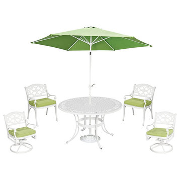 Outdoor Dining Set, 4 Swivel/Stationary Chairs & Table With Umbrella, Off White