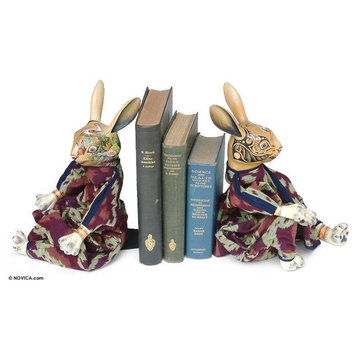 Novica Rabbits Like To Read Wood Bookends