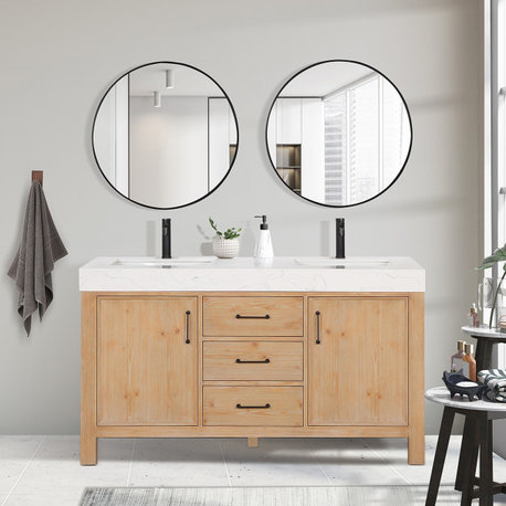 Leon Bath Vanity With Composite Stone Top, Fir Wood Brown, 60" Double Sink, No Mirror