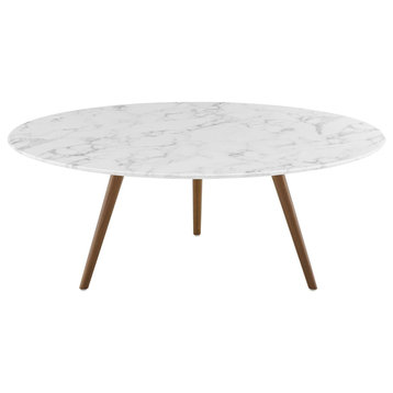 Lippa 40" Round Artificial Marble Coffee Table With Tripod Base, Walnut White