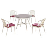 Babmar - Kitaibela Modern Outdoor Armless Dining Set For Four With Round Table - Intended for four, this dining set consists of four dining chairs that include seat cushions and one round dining table which comes with a sprayed stone tempered glass top. Details of this set include tapered legs and wide-set rattan for a modern look.