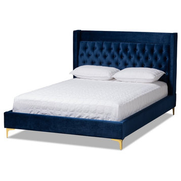 Bowery Hill Tufted Velvet Fabric Platform King Bed in Navy Blue
