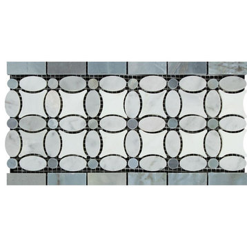 4"x12" Polished Caligraphic Border, Thassos+, Oval+Blue-Gray, Dots, Set of 50