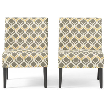 GDF Studio Kalee Contemporary Fabric Slipper Accent Chair, Set of 2, Yellow and Gray Ikat Pattern/ Matte Black