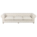 Zin Home - Warner Linen Chesterfield 118" Sofa - Inspired by the libraries of turn-of-the-century British aristocracy, timeless elegance and classic Chesterfield design are the hallmarks of the Warner Linen Chesterfield 118" Sofa. Upholstered in eco-style linen with hand-hammered shoe nails. Eight-way hand-tied spring suspension and coordinating back cushions are all 50% feather and down + 50% polyfiber wrapped around a 4-1/2" foam core, hardwood frame. Hardwood ash legs, Antique finish.