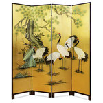 China Furniture and Arts - Gold Leaf Tranquility Cranes Asian Floor Screen - Crane and the pine tree, the symbol of peace and longevity in Chinese culture are here exquisitely hand-painted on gold-leafed four-panel of wood. Perfect to display in living room or dining room. Gold bamboo trees are softly painted on the back against black background.