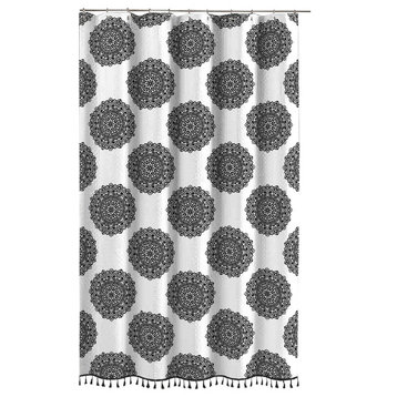 Black White Mandala Fabric Shower Curtain, Fun Elegant Boho Style With Fringe