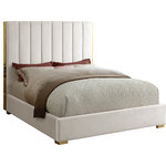 Meridian Furniture - Becca Velvet Upholstered Bed, Cream, Queen - Transform your bedroom into a luxurious place to retired in the evenings with this elegant Becca cream velvet queen bed. Featuring a cream velvet base with channel tufting atop a polished gold metal frame, this queen-size bed makes a bold statement even when incorporated with existing contemporary bedroom decor. With a width of 69 inches, depth of 86 inches, height of 61.5 inches, and footboard height of 13.5 inches, this chic bed offers ample space for you to get a good night's rest.