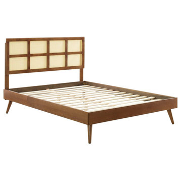 Cane Bed, Woven Rattan Bed, Art Moderne Shoji Platform Bed, Walnut, Full