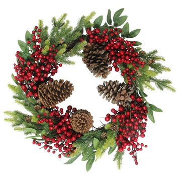 22" Artificial Pine Cone Red Berry and Pine Sprig Christmas Wreath, Unlit
