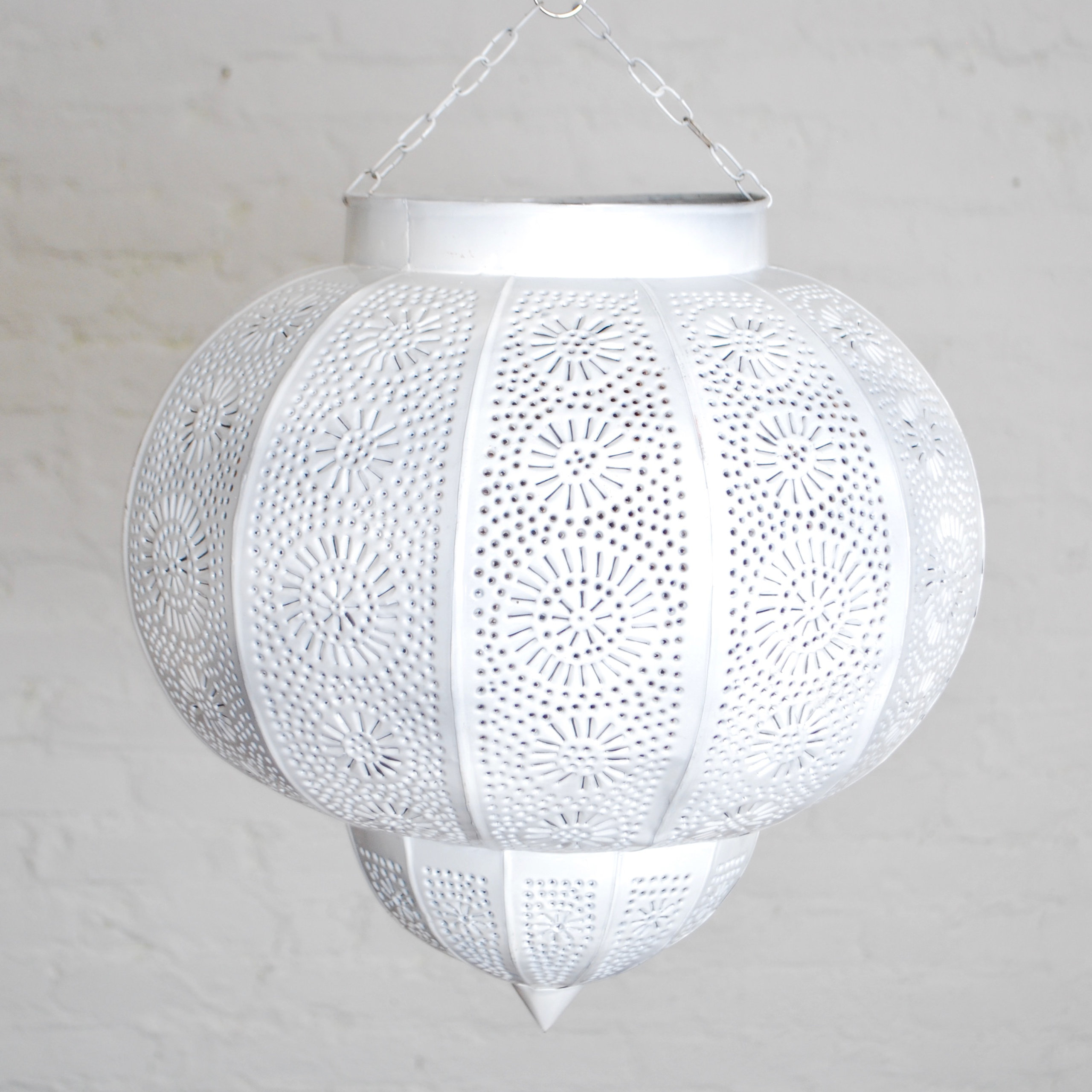 Moroccan White Painted Metal Hanging Lamp.