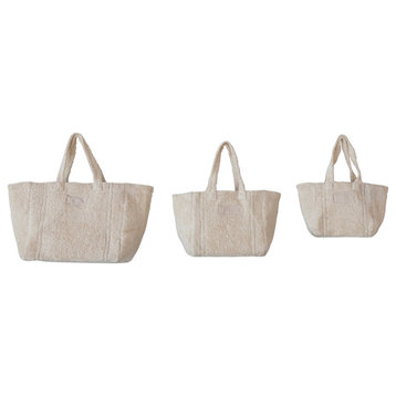 Cotton Terry Tote Bags With Handles, Natural, Set of 3