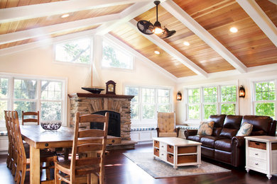 Example of a large transitional dark wood floor and brown floor sunroom design in Milwaukee with a standard fireplace, a stone fireplace and a standard ceiling