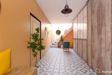 Cette image montre un hall d'entrée urbain avec un mur multicolore, un sol en carrelage de céramique, une porte simple et une porte blanche.