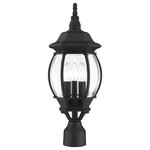 Livex Lighting - Textured Black Traditional, Colonial, Outdoor Post Top Lantern - The classically transitional outdoor Frontenac collection boasts a cast aluminum structure with dazzling ornamental design.  The three-light medium six-sided post top lantern comes in a textured black finish with clear beveled glass and extravagantly decorative details. The ornate quality of this light will add radiance to your house exterior day or night.