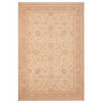 Bareens Designer Rugs - Classic Ziegler Tiny Tan Brown Hand-Knotted Wool Rug - 6'1'' x 9'1'' - Enhance the ambiance of your home with this magnificent Persian-influenced Turkish hand-knotted rug made by skilled artisans capable of creating the most exceptional vegetable dyes and hand-spun wool. This exquisite handmade rug is a one-of-a-kind Peshawar Kafkaz, otherwise identified as Chobi, Chobi Peshawar, Oushak, or Ziegler rug. These handmade rugs are crafted in Pakistan utilizing superior-quality wool imported from Australia, New Zealand, and Korea in two types of weaves: the Persian weave and the Mori weave. This rug is meticulously crafted by hand using the finest natural vegetable dyes extracted from local plants. The artisans use a blend of hand-spun local and fine merino wool, resulting in a rug with a compelling texture, higher lanolin content, and longer staple. The artisans occasionally incorporate natural or artificial silk into the pile to enhance specific motifs. The finished product is an awe-inspiring execution of flawless design and an understated palette that exudes elegance.
