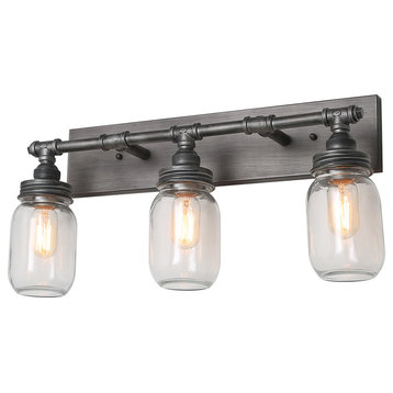 Industrial 3-Light Mason Jar Wall Sconce, Silver Plating with Black Finish