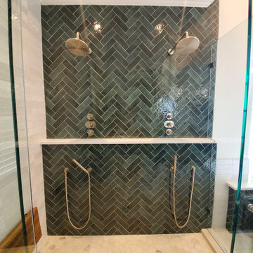 Shower with double showerheads and handhelds