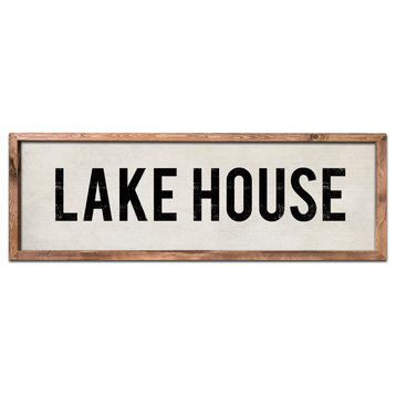 Hand Painted Wood Lake House Sign, 12x36, Brown Frame