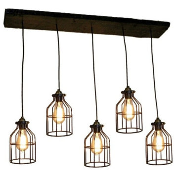 5 Pendant Reclaimed Wood Chandelier, Black Round Cages, Edison Bulbs