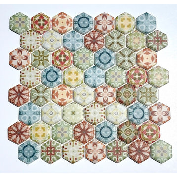 Glass Mosaic Tile Sheet Memoria Hexagon 1.5" Multicolor Pattern