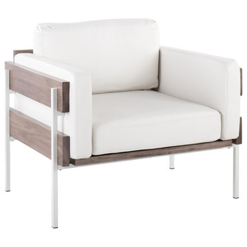 Kari Accent Chair, White Metal, Gray Wood, White PU