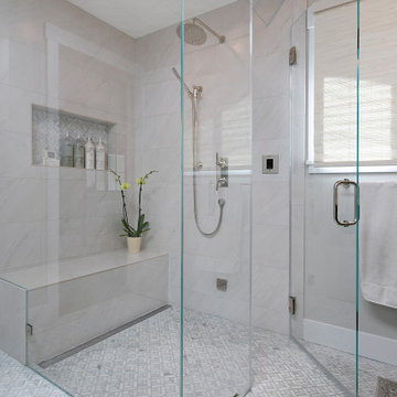 Oversized Curbless Walk-in Shower with a Bench and Shower Shelf
