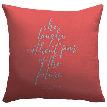 "Proverbs 31:25 - Scripture Art in Teal and Coral" Pillow 20"x20"
