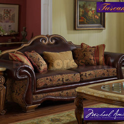 "Michael Amini" Leather/ Fabric High Back Sofa, Tuscano Collection - Sofas